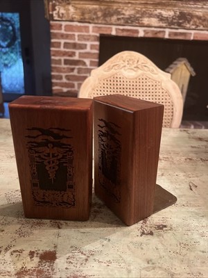Vintage Set Solid Walnut Medical Bookends Caduceus Symbol 6  Tall