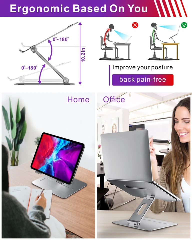 Supporto Portatile Regolabile Alluminio Supporto Notebook Pieghevole Portatile - Grigio - Immagine 2 di 4