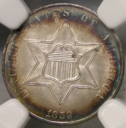 1859 THREE CENT SILVER PIECE RARE GORGEOUS FULL RAINBOW NGC MS 66 ⭐️ STAR PQ GEM