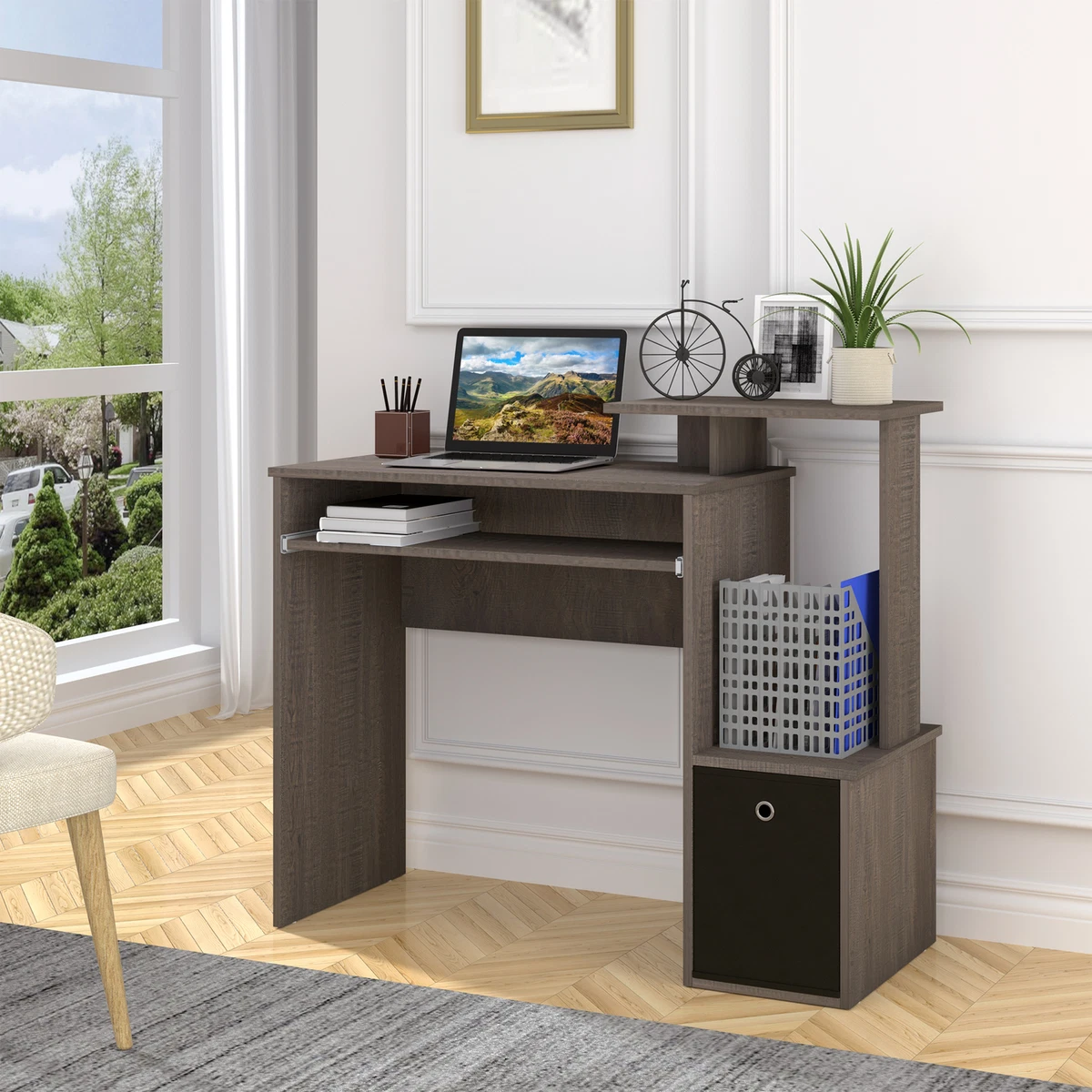 Computer Desk with Sliding Keyboard Tray Storage Drawer Shelf Workstation Grey