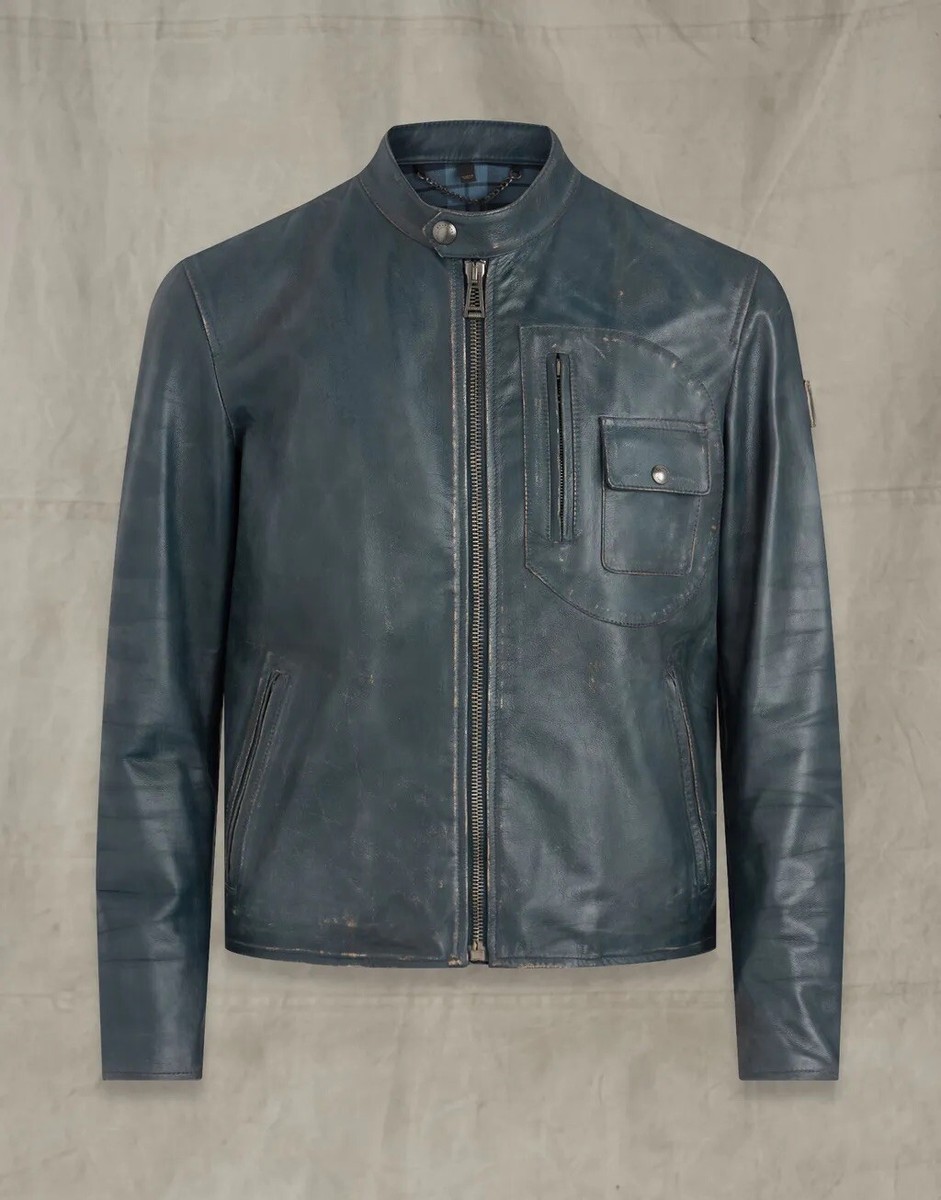 Belstaff Mens Leather Jacket Biker Langley Deep Indigo UK36 IT46