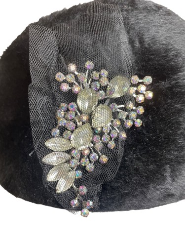 Vintage Black Faux Fur Pillbox Hat With Rhinestone & Mesh Accents - Picture 2 of 8