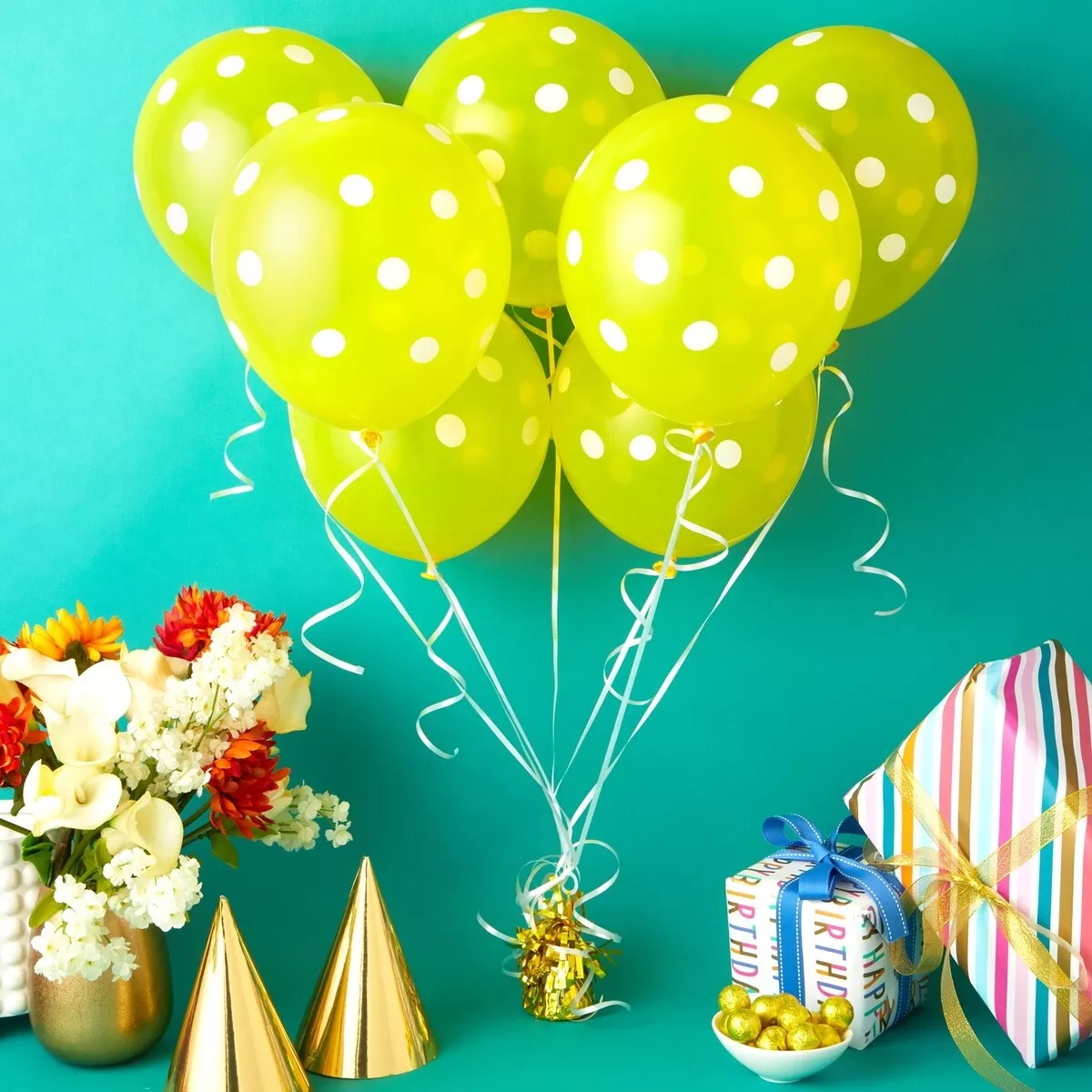 Green Polka Dot Balloons for Birthday Party with Gold Weight