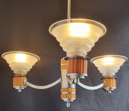 1930'S ART DECO CHANDELIER - BUTTERSCOTCH BAKELITE & CHROME METAL CEILING LIGHT - Picture 3 of 24