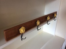 Recycled Handmade Sheesham Rustic Coat Rack Rail c/w Ceramic Rose Hooks Vintage