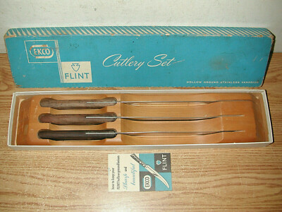 VINTAGE EKCO FLINT HOLLOW GROUND STAINLESS VANADIUM 3PC CUTLERY KNIFE SET W/ BOX