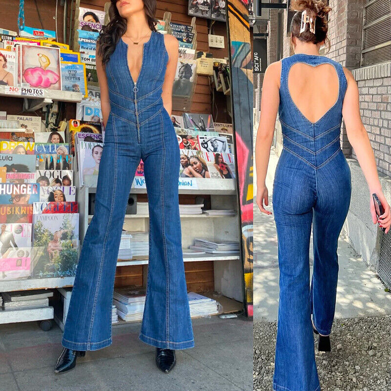 Womens One-Piece Backless Denim Jumpsuit Heart Cutout Sleeveless Bodycon  Outfits