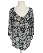 naif Womens Tunic Top Size L Black Floral Crew Neck 3/4 Bell Sleeve Elastic Neck