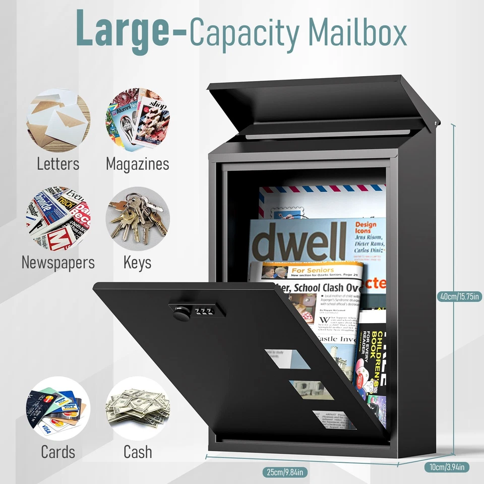 Post Boxes Wall Mounted Waterproof Steel Mail Box Modern Delivery Letter Box - Image 3 of 4