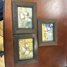 Set of 3 Charming Vintage Print of Dutch Girls Doing Laundry. Framed Under Glass