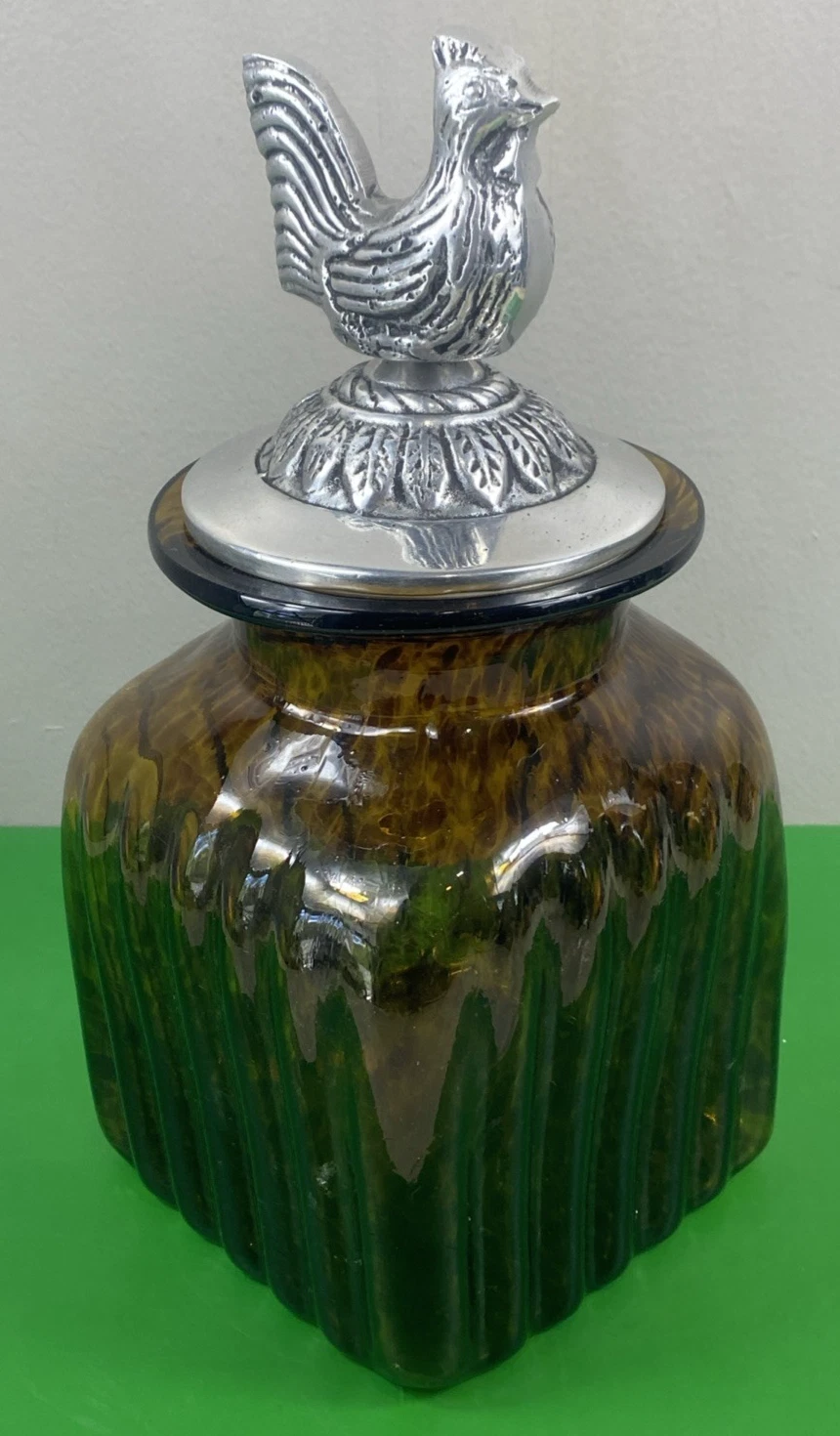 🐓Vintage Artland Amber Glass 8.5" Canister with Pewter Rooster Lid