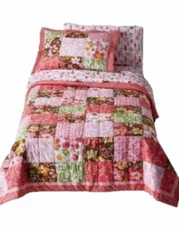 Girls Twin Quilt & Sham Set Coral Brown Patchwork Blossom Flowers