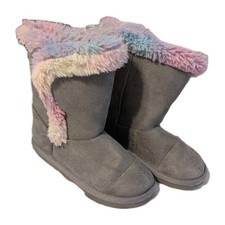 The Children's Place Girl's 13 Winter Fuzzy Boots Faux Suede Rainbow Fur Gray