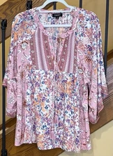 GiGiO USA Boho Top Kimono Sleeve Tie V Neck Pink Multi Floral SZ. Large