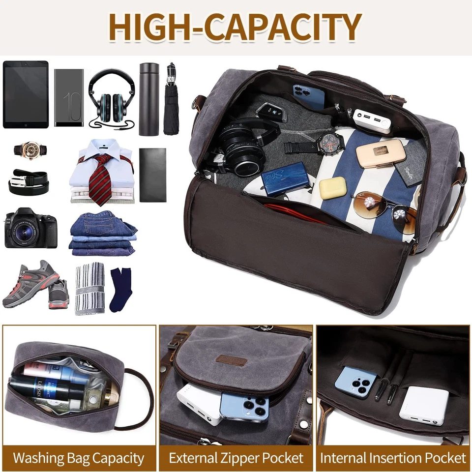 Bolso de fin de semana Nerlion con compartimento para zapatos bolsa grande para pasar la noche para hombre Canva... Foto 4 de 4