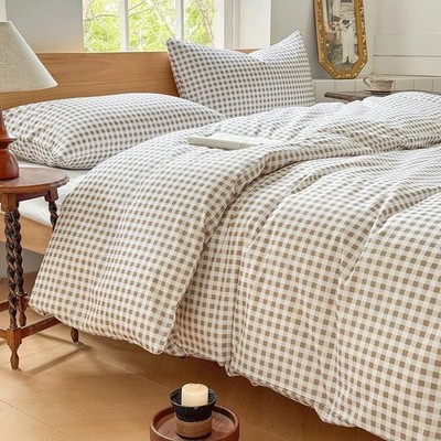 NSNLGSGC Tan Gingham Cotton Duvet Cover Set Twin, 100% Washed Cotton Plaid Co...