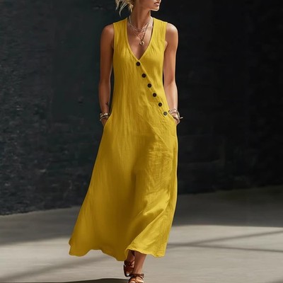 Summer Sleeveless Womens V Neck Breasted Cotton Line Dresses Maxi Sundress Size | eBay Summer Sleeveless Womens V Neck Breasted Cotton Line Dresses Maxi Sundress Size | eBay