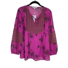 NWT Daniel Rainn Long Sleeve Pleated Top Sz S Berry Pink Floral Sheer