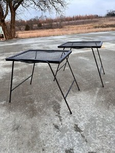 Vintage Pair of Mid Century Modern Black Wrought Iron Patio Tables Woodard Style
