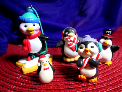 Cute Lot Of 5 Miniature Penguins-Hallmark & Unmarked- 1)Ornament 4)Figurines