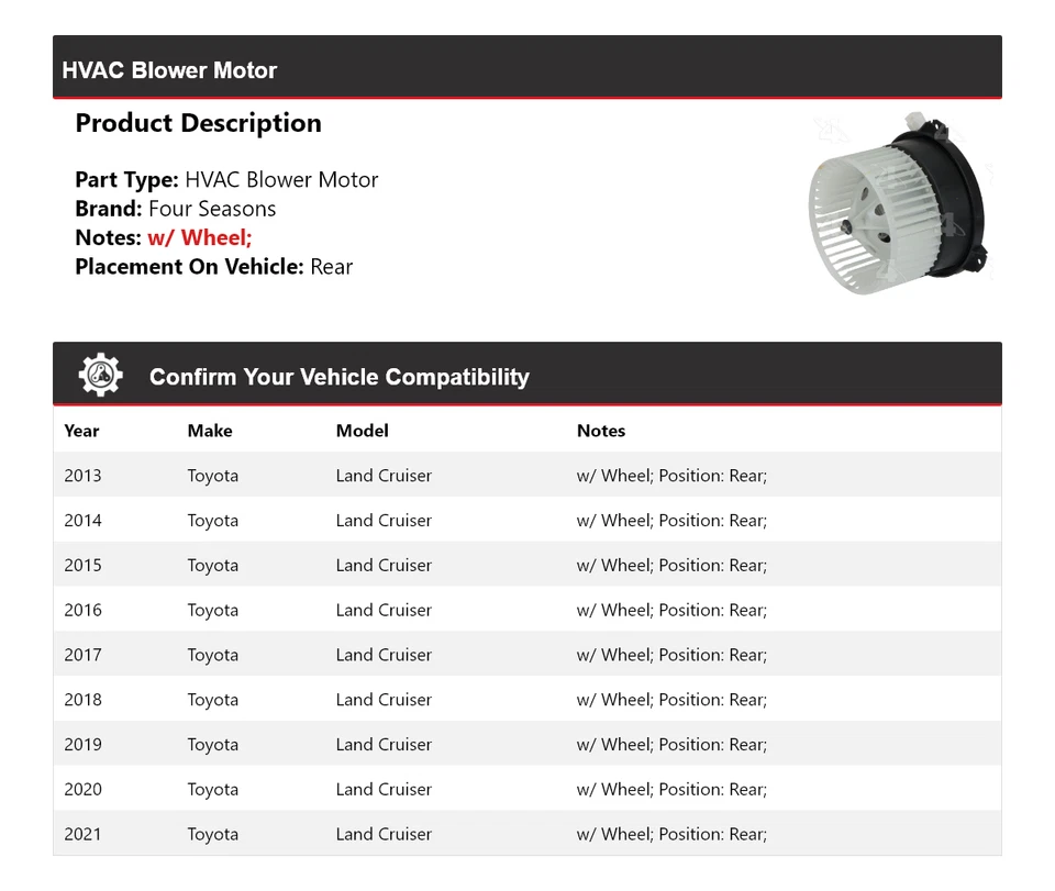 Para Toyota Land Cruiser 2013-2021 HVAC Soplador Motor Trasero 4 Temporadas 2014 2015 Foto 2 de 4