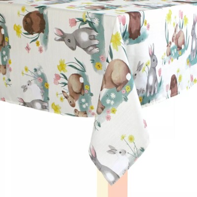 Celebrate Easter Together Bunny Rabbit Print Fabric Tablecloth 60 x 84'' Oblong