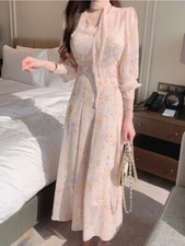 Female V-Neck Midi Dress Long Sleeve Slim One Piece Dress  Floral Chiffon Dress