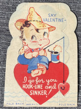 Vintage Valentine Card Fishing Boy Id Go For You Hook Line and Sinker USA