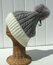 Winter Warm Stretchy Two-Tone Gray / Cream Knit Fuzzy Fur Pom Ski Beanie Hat K
