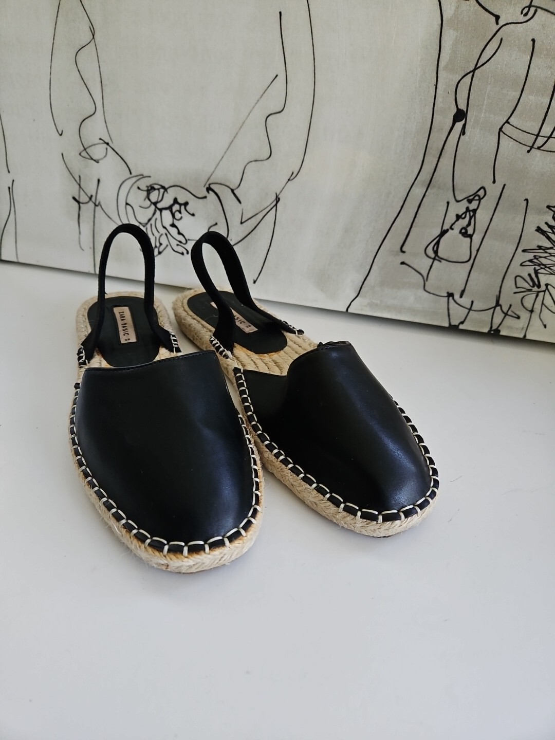 Zara Basic Black Flat Straw Woven Braided Sole El… - image 1