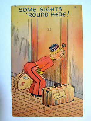 Postcard Some Sights Round Here Just Married Bellhop Peeking Keyhole Door 2447