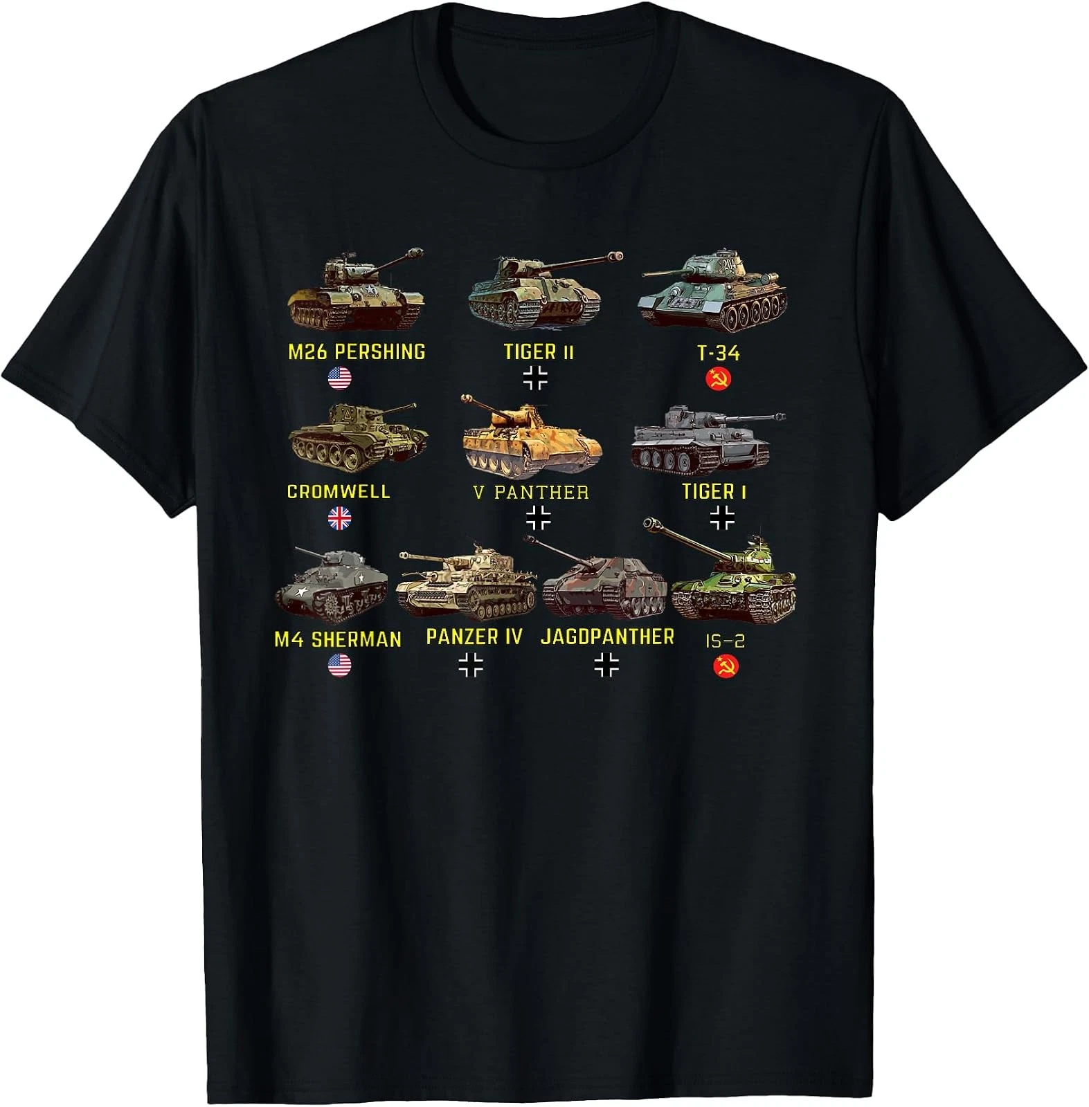 Top 10 Iconic WWII Tanks T-Shirt: M4 Sherman, Panzer IV, Tiger II, T-34 - product detail image 1