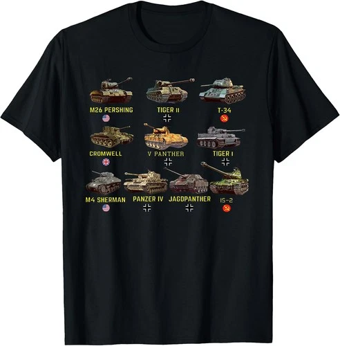 Top 10 Iconic WWII Tanks T-Shirt: M4 Sherman, Panzer IV, Tiger II, T-34 - product listing photo