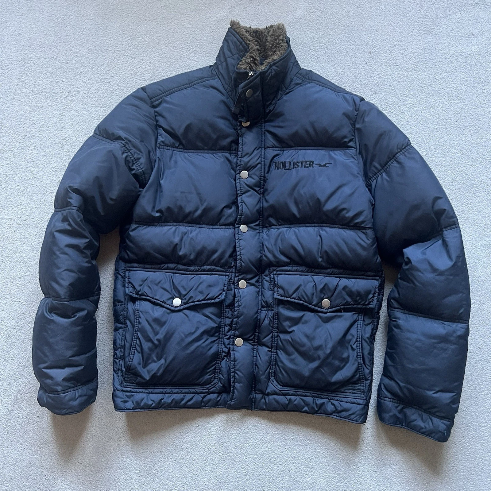 Hollister Jacket Mens Medium Blue VTG Y2K Faux Fur Goose Down Coat Puffer