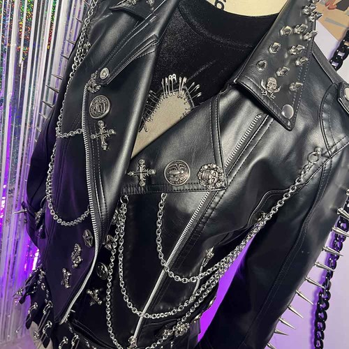 Cross Goth Eco Y2K PU Leather Skull Studded Jacket E-Girls Chain Punk Rock - Picture 7 of 14