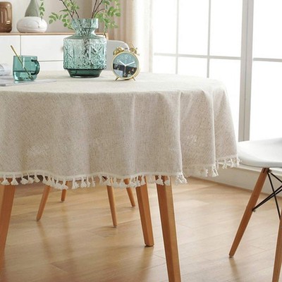 AMZALI Cotton Linen Fabric Tassel Round Tablecloth Dust-Proof Table Cover for Ki