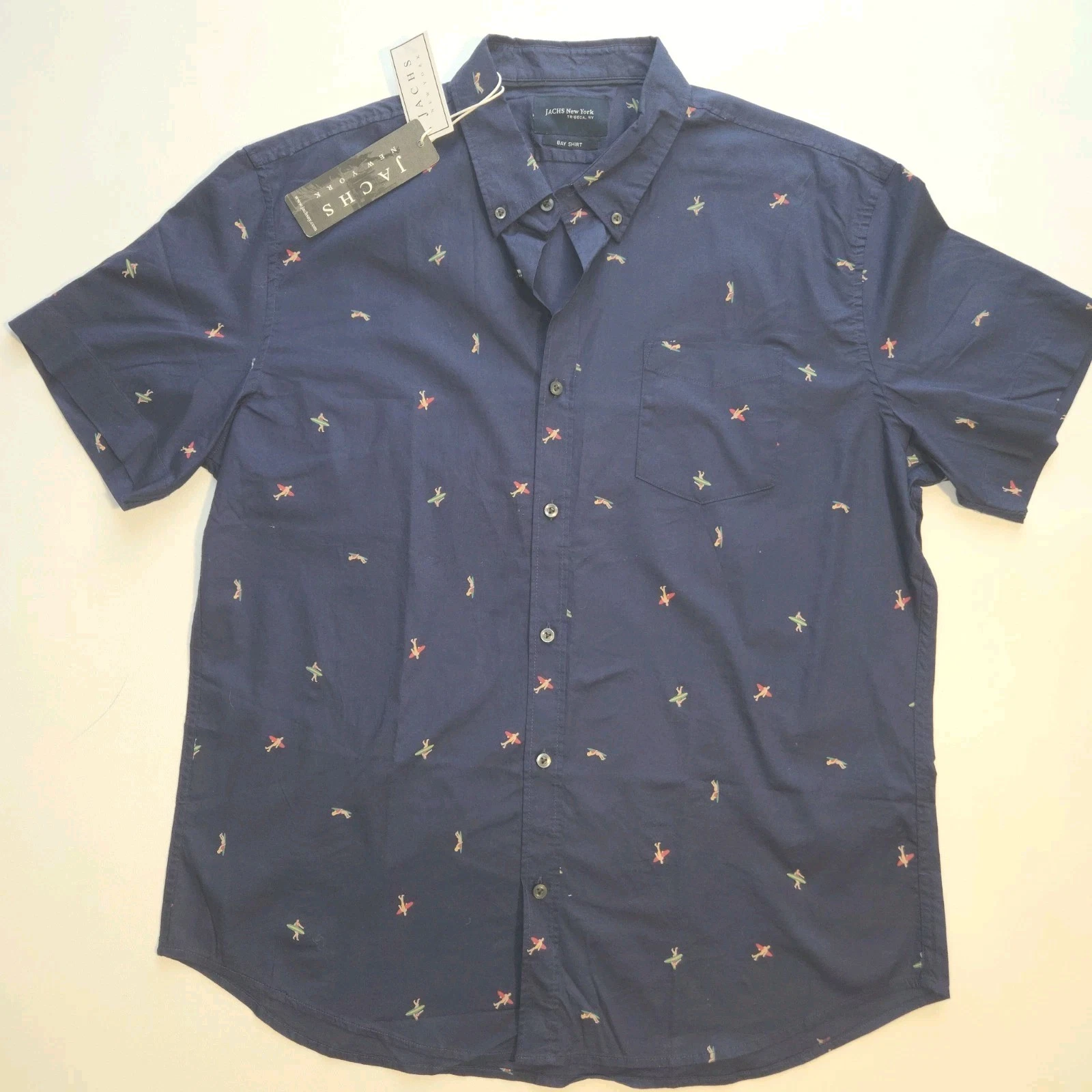 JACHS NY Navy Surfer Print Button Down Shirt Mens XL Bay Shirt Surfboard NWT J24