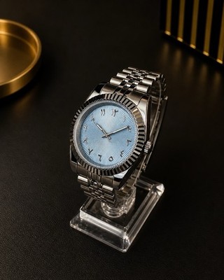 Ice Blue Automatic Watch Arabic Numerals Sunburst Dial Fluted Bezel Jubilee
