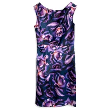 Ivy & Blue Maggy Boutique Sateen Purple Rose Print Ruched Sheath Dress - Size 6