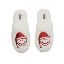 Dearfoams dluxe Santa Emoji Hat Sherpa Slippers Cream Red Slide L 9-10