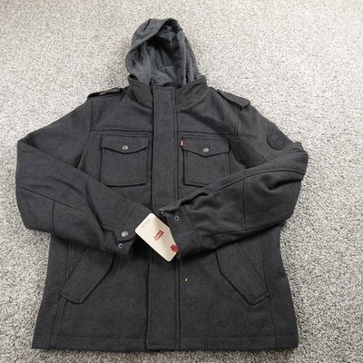 NEW Levis Jacket Mens M Black Gray Wool Hooded Trucker Outdoor Work Coat Western