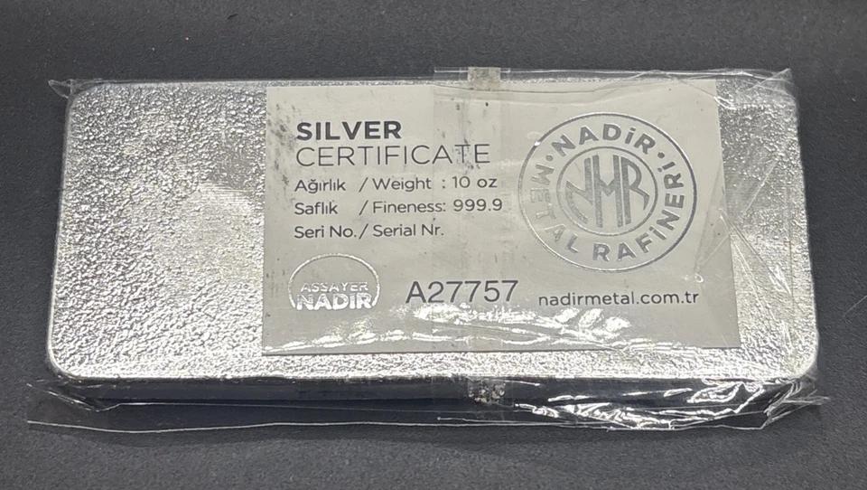 Barra de plata de 10 onzas - Refinería de metal Nadir - 999,9 fina - Certificado presente Foto 3 de 3