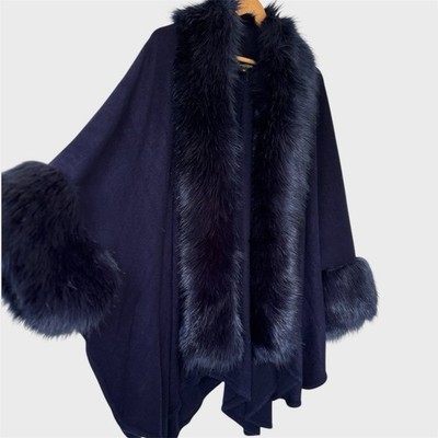 Alberto Makali Navy Blue Faux Fur Jacket Knit Cape Poncho Jacket One Size S M L