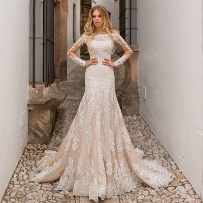 Vintage Mermaid Long Sleeves Wedding Dresses Back Button Applique Bridal Gowns