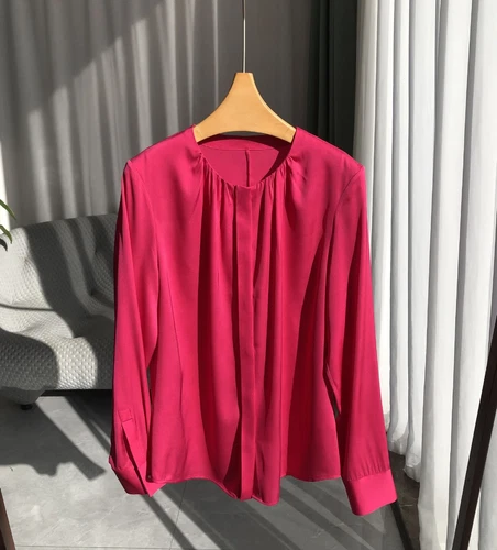 Damen Langarm 100% echte Seide Knopf Rundhals Shirt Bluse Büro Damen OL - Bild 34 von 38
