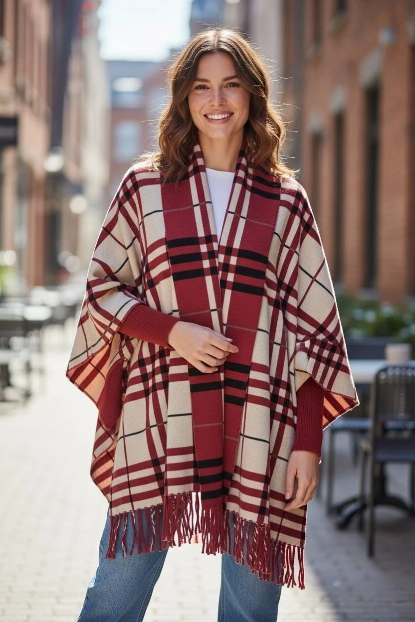 NEW Colleen Lopez Womens Plaid Fringed Wrap Shawl XL/1X Red Black Cozy Chic Cape
