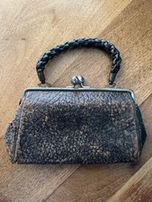 1920s Antique Embossed Leather Kisslock Purse Braided Handle Frame Clutch 8x4.5