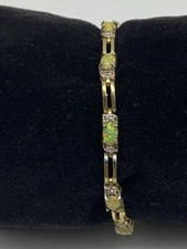 FAS Gold Over Sterling Silver Diamond & Opal Panel Link 7 1/ 4" Bracelet 9.3g