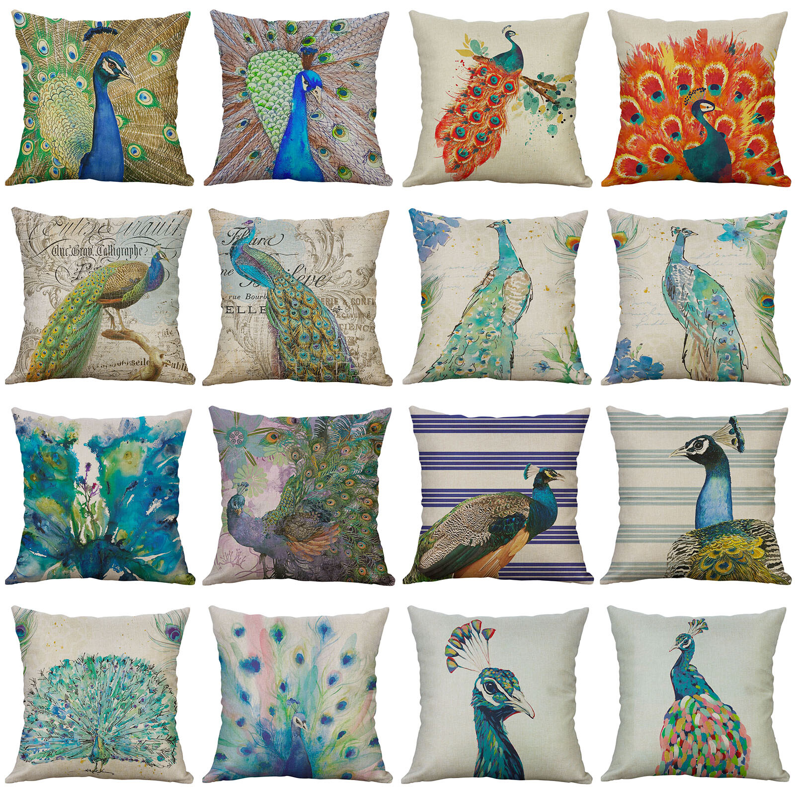 Pillow Covers 18x18 Peacock Throw Pillow Cover Faux Linen Pillowcase for SofaBed-image
