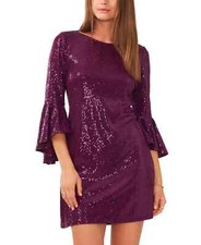 Vince Camuto Mini Dress Size LARGE Purple Sequin 3/4 Flounce-Bell Sleeve FU255